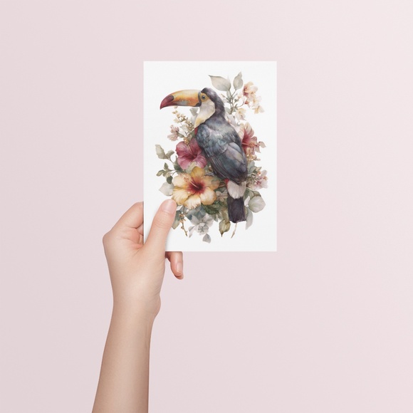 Watercolor Toucan with Flowers Wall Art Print, Unframed - Vibrant Tropical - Picture 5 of 7